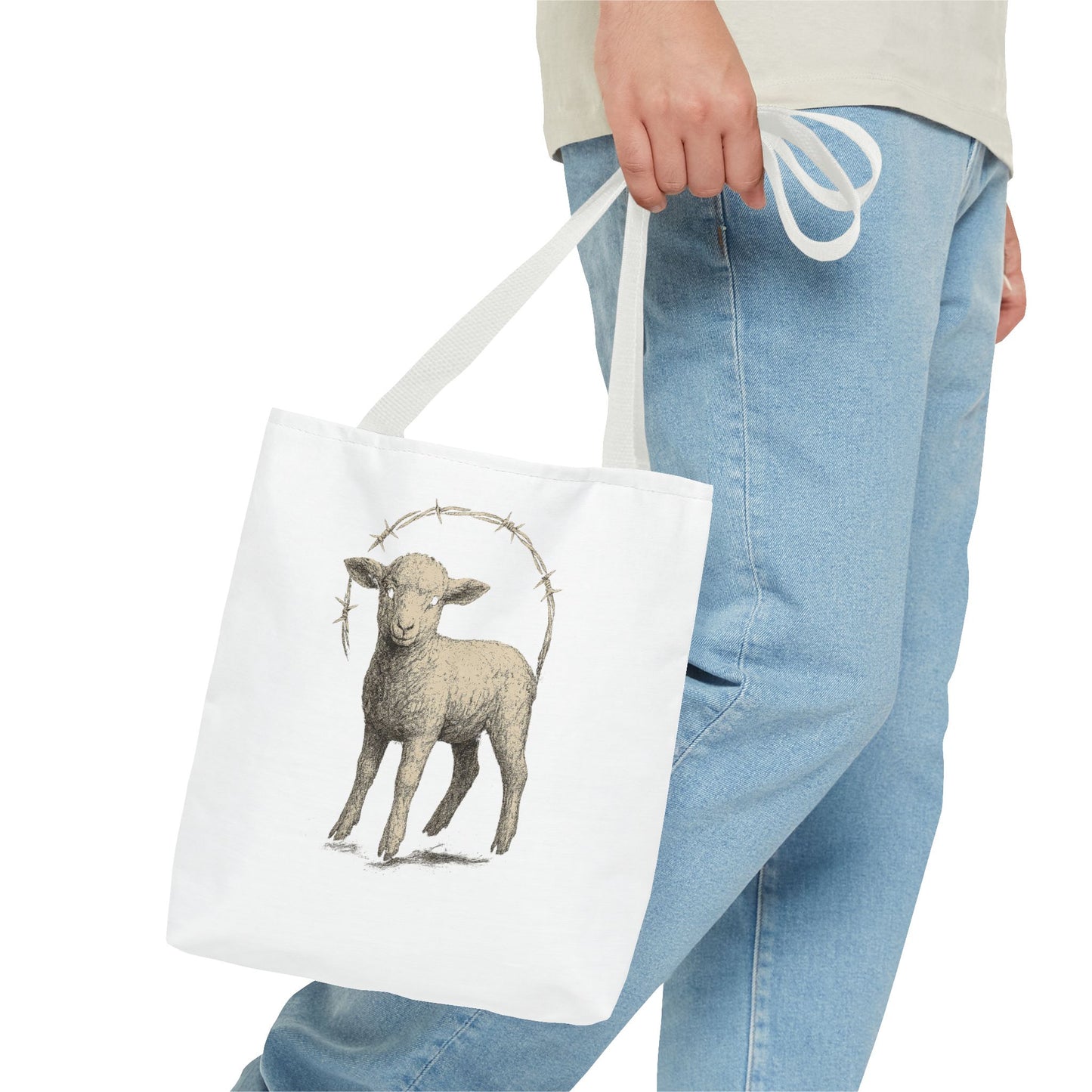 Religious Tote Bag with Sheep Design, Christian Tote, Cross Print Bag, Faith-Inspired Carryall, Unique Church Bag, Spiritual Gift