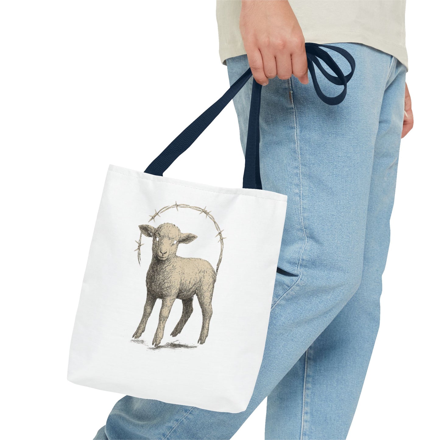 Religious Tote Bag with Sheep Design, Christian Tote, Cross Print Bag, Faith-Inspired Carryall, Unique Church Bag, Spiritual Gift