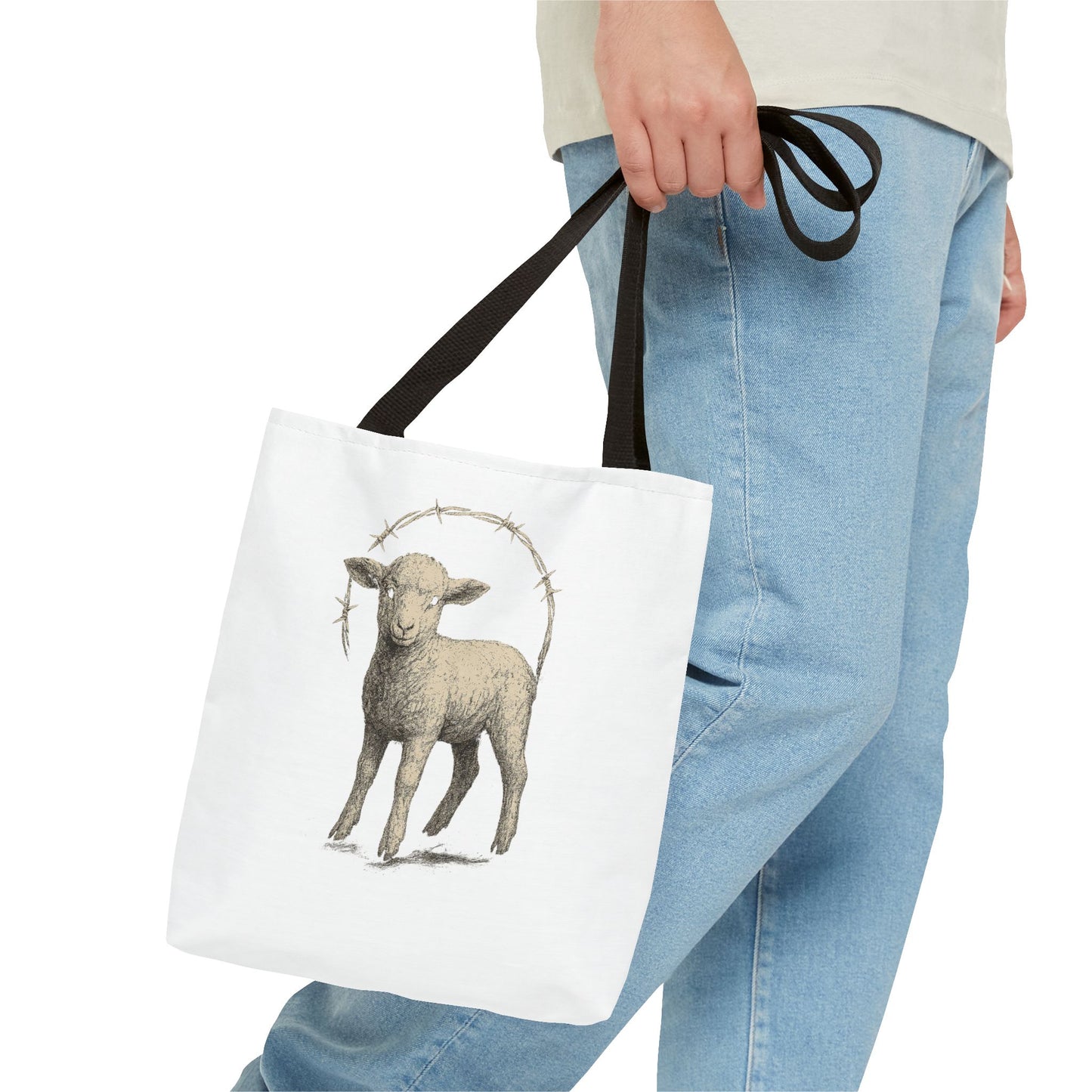 Religious Tote Bag with Sheep Design, Christian Tote, Cross Print Bag, Faith-Inspired Carryall, Unique Church Bag, Spiritual Gift