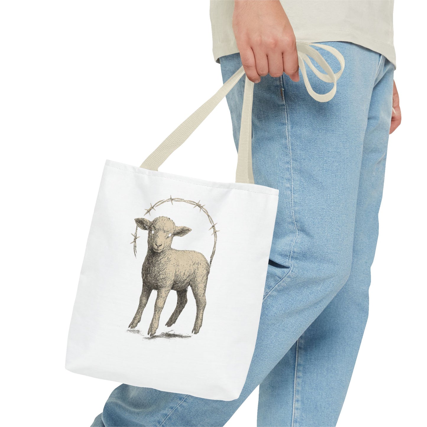 Religious Tote Bag with Sheep Design, Christian Tote, Cross Print Bag, Faith-Inspired Carryall, Unique Church Bag, Spiritual Gift